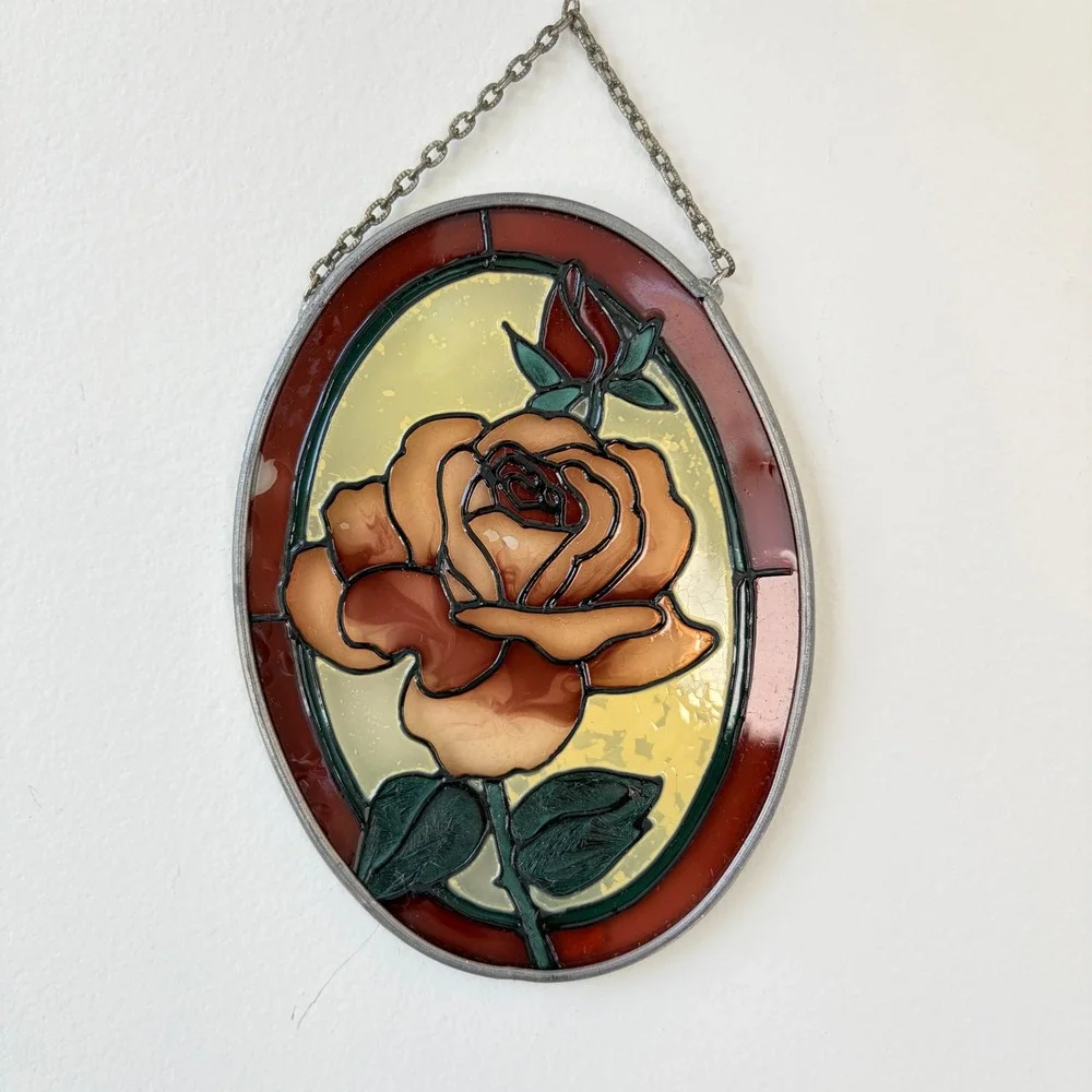 Vintage 1987 JBD Oval Rose Stained Glass Suncatcher Amber Burgundy Floral Art